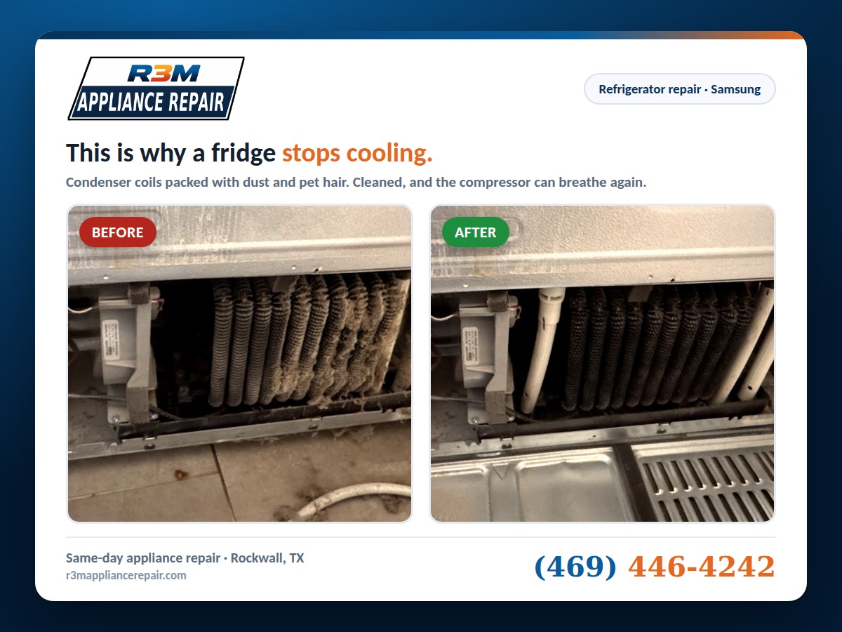 Before and after: dust-clogged condenser coils on a Samsung refrigerator, then the same coils cleaned